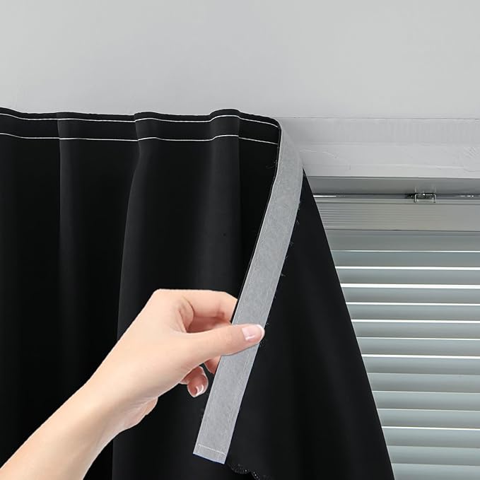 Adhesive Blackout Curtains- Self Stick Curtain No Rod Needed Easy to Hang Curtain, Use for Bedroom, Living Room, Dining Room, Kitchen, 47" W X 96" L, Black, 1 Panel