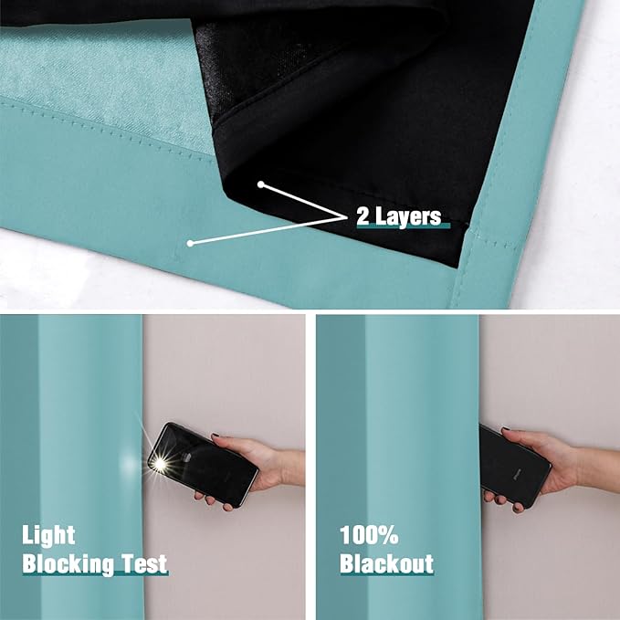 ChrisDowa 100% Blackout Curtains 108 inch Long for Bedroom with Black Liner, 2 Thick Layers Total Blackout Thermal Insulated Grommet Window Curtains 2 Panels Set (Aqua, 52 x 108 Inch)