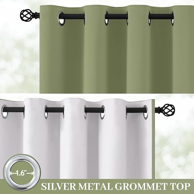 Yakamok 100% Blackout Curtain Panels 63 inches Cold and Light Blocking Drapes for Nursery, 2 Thick Layers Thermal Insulated Draperies (2 Pieces, 50 Wide Each Panel, Sage Front with White Backing)