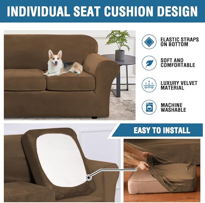 H.VERSAILTEX Real Velvet Plush 3 Piece Stretch Sofa Covers Couch Covers for 2 Cushion Couch Loveseat Covers Width Up to 72 Inch Feature Thick Soft Stay in Place (Medium Sofa, Bronze Brown)