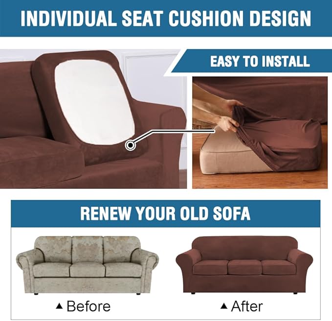 H.VERSAILTEX Real Velvet Plush 3 Piece Stretch Sofa Covers Couch Covers for 2 Cushion Couch Loveseat Covers Width Up to 72 Inch Feature Thick Soft Stay in Place (Medium Sofa, Burnt Brick)