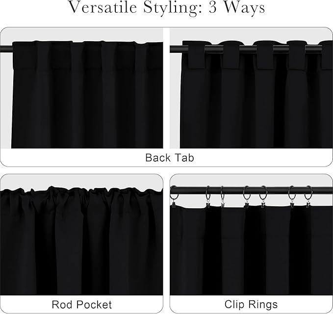 PONY DANCE Blackout Window Curtains - Insulating Against Drafts Drapes Noise Reducing Thermal Insulated Back Tab/Rod Pocket Draperies, 52 x 45-inch Long, Black, Double Panels