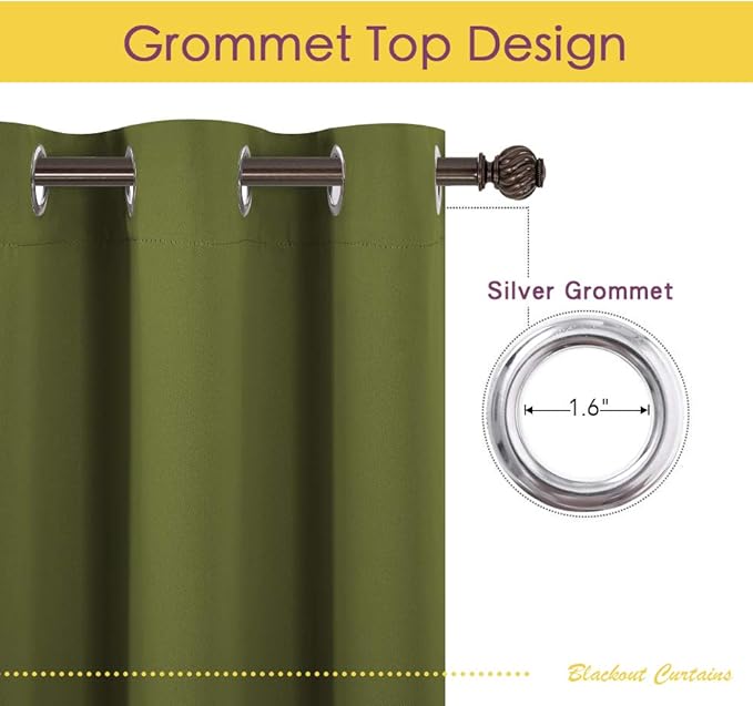 NICETOWN Bedroom Curtain Panels Blackout Draperies, Thermal Insulated Solid Grommet Blackout Drapes for Christmas Decoration (1 Pair, 42 by 45-Inch, Olive Green)