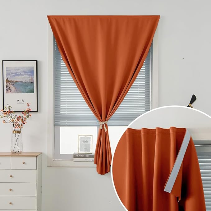 Self Adhesive Curtains Portable Blackout Curtain Simple and Easy to Install Bedroom Window Thermal Lnsulated Kitchen Room Darkening Black Small Drapes, 47" W X 59" L, Orange, 1 Panel