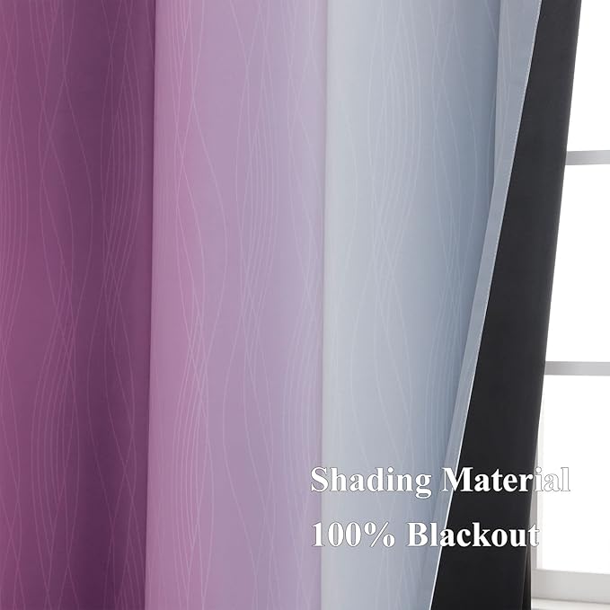 Ombre Purple and Gray Curtains 96 Inches Long, Total Blackout Curtains for Bedroom, Grommet Thermal Insulated Gradient Blackout Drapes, Full Light Blocking Curtains for Kids Room, 52x96 Inch, 2 Panels