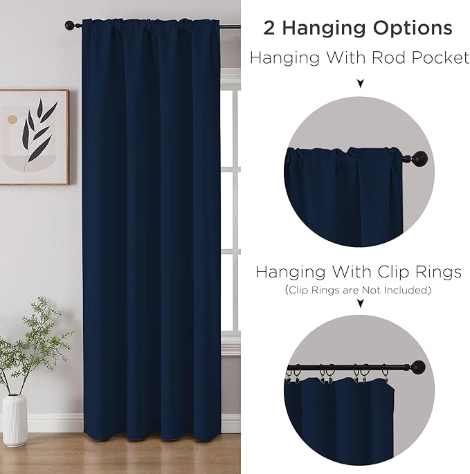 CUCRAF Navy Blue Blackout Curtains 96 inch Length 2 Panels Set, Rod Pocket Room Darkening Drapes for Bedroom Living Room, Insulated Thermal Light Blocking Window Curtain (W52 x L96 Inch)