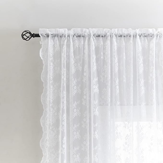 YJ YANJUN Vintage Lace Curtains 102 Inches Long-Victorian Floral Pattern Boho White Sheer Curtain Panels for Living Room Bedroom,Light Filtering, Country Cottage Core Drapes 2 Panels 52W x 102L