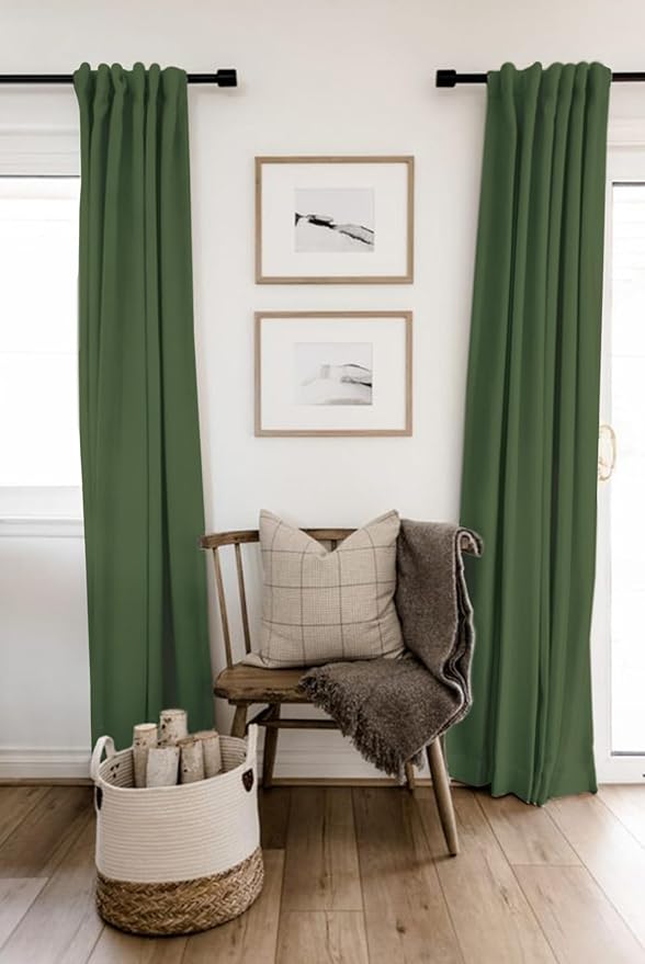100% Blackout Shield Linen Blackout Curtains for Bedroom 102 Inches Long, Back Tab/Rod Pocket Living Room Drapes, Thermal Insulated Blackout Curtains 2 Panels Set, 50" W x 102" L, Moss Green