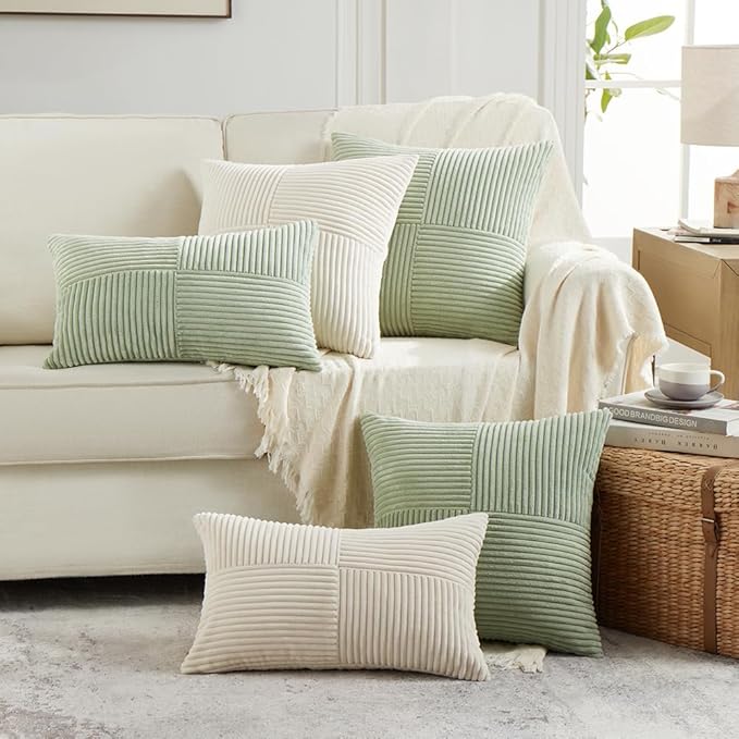 Fancy Homi 2 Packs Cream Lumbar Decorative Throw Pillow Covers 16x28 Inch for Living Room Couch Bed Sofa, Rustic Farmhouse Boho Home Decor, Soft Striped Corduroy Rectangle Accent Cushion Case 40x70 cm