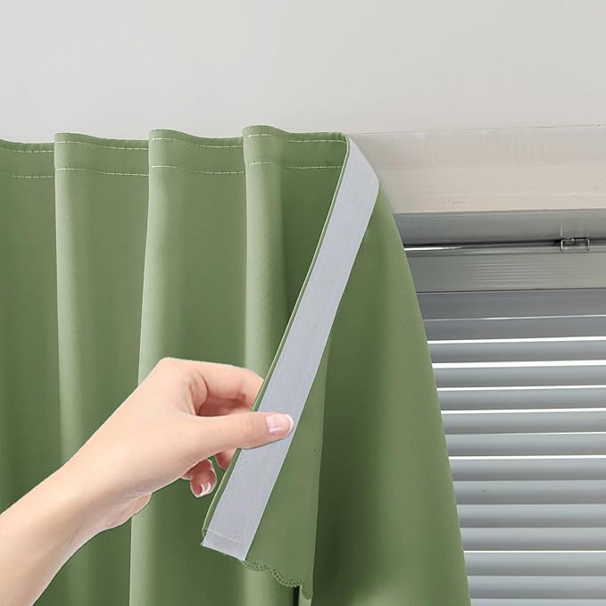 Magic Tape Blackout Curtains for Bedroom No Drillng Self Adhesive Curtains No Rod Small Window, 59" W X 96" L, Sage Green, 1 Panel