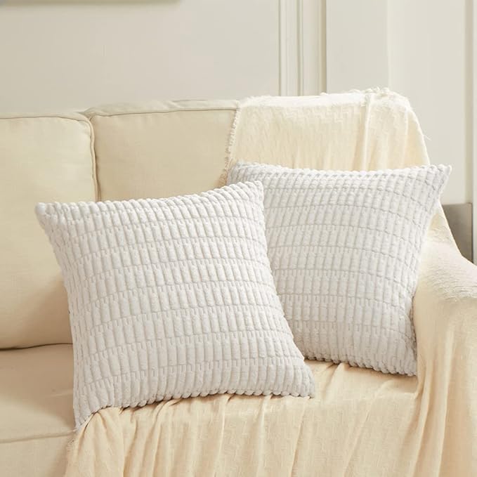 Fancy Homi 4 Packs Pure White Decorative Throw Pillow Covers 16x16 Inch for Living Room Couch Bed, Rustic Modern Farmhouse Boho Home Decor, Soft Plush Corduroy Cute Square Accent Cushion Case 40x40 cm