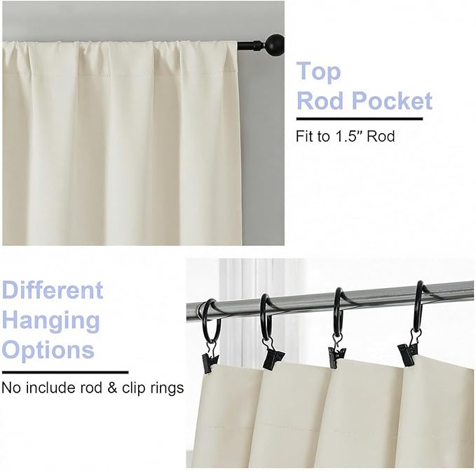 Simplebrand Ava Ivory Light Filtering Curtains for Bedroom 96 Inches Long 2 Panels, Solid Thermal Insulated, Energy Saving Nursery Window Treatment Curtains Light Filtering, W40 x L96 Inch, Ivory