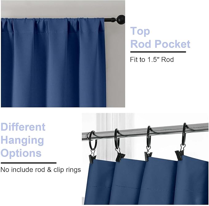 Simplebrand Ava Royal Blue Blackout Curtains for Bedroom 72 Inch Length 2 Panels Set, Privacy Thermal Insulated Rod Pocket Door Window Curtains for Patio French Door Front Door, W40 x L72 Inch