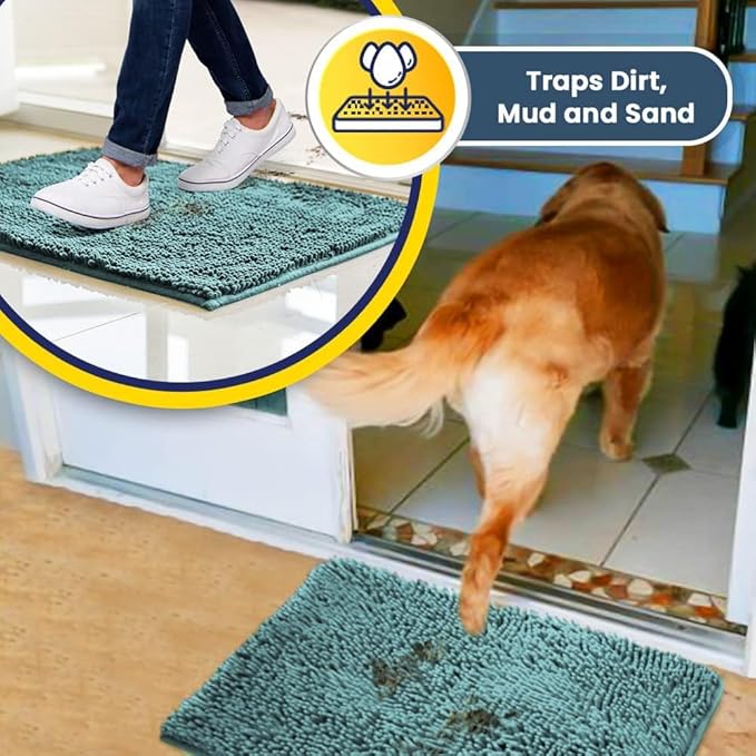 Muddy Mat® | Super Absorbent Door Mat Indoor, Microfiber Quick Dry Chenille Entryway Rug, Non-Slip Front Door Mat, Indoor Mats for Entryway, Machine Washable Pet Rug, Seafoam Green 28"x18"