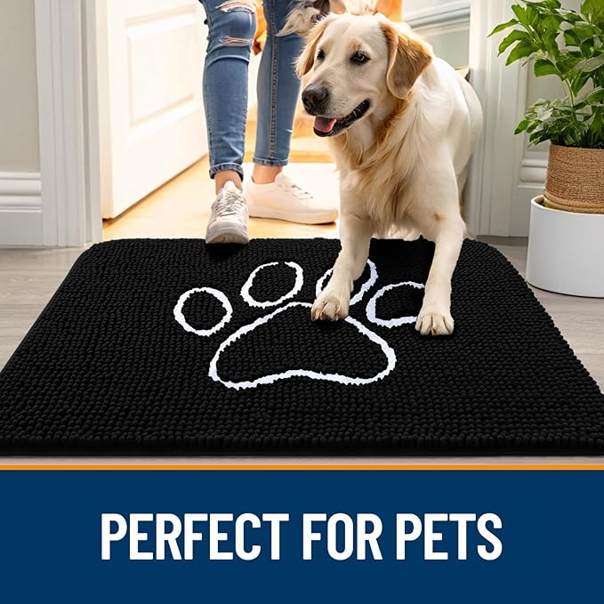 OLANLY Dog Door Mat for Muddy Paws 70x32, Paw Print Design, Absorbs Moisture and Dirt, Absorbent Non-Slip Washable Doormat, Quick Dry Chenille Mud Mat for Dogs, Entry Indoor Entryway Carpet, Black