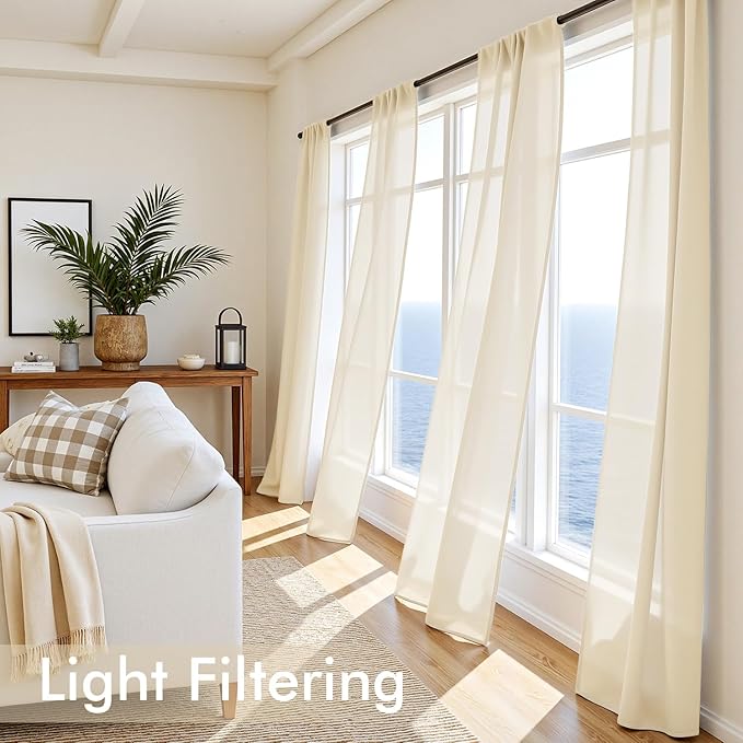 MIULEE Butter Cream Sheer Curtains 108 Inches Long, 4 Panels Set, Rod Pocket Voile Drapes Light Filtering and Semi Transparent, Elegant Window Treatments for Bedroom Living Room,54 x 108 Inches