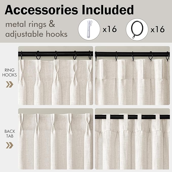 MIULEE Extra Wide 60 Inch Width Pinch Pleated Thick Linen Curtains 90 Inches Long 2 Panels for Patio Sliding Glass Door Living Room Bedroom Large Windows, Memory Trained Nautral Drapes Hooks&Rings