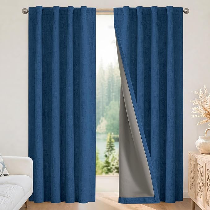 Joydeco Blackout Curtains for Bedroom - 100% Light Blocking 2 Panels Navy Blue Drapes 37" W x 72" L, Thermal Insulated Room Darkening Curtains, Linen Textured for Living Room, Rod Pocket & Back Tabs