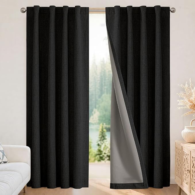 Joydeco Blackout Curtains for Bedroom - 100% Light Blocking 2 Panels Set Black Drapes 66" W x 96" L, Thermal Insulated Room Darkening Curtains, Linen Textured for Living Room, Rod Pocket & Back Tabs