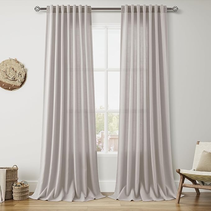 Stone Grey Linen Curtains 112 Inches Long for Living Room Simple Modern Light Filtering Semi Sheer Curtain Back Tab Rod Pocket Neutral Luxury Floor to Ceiling High Window for Bedroom 52x112, 2 Panels
