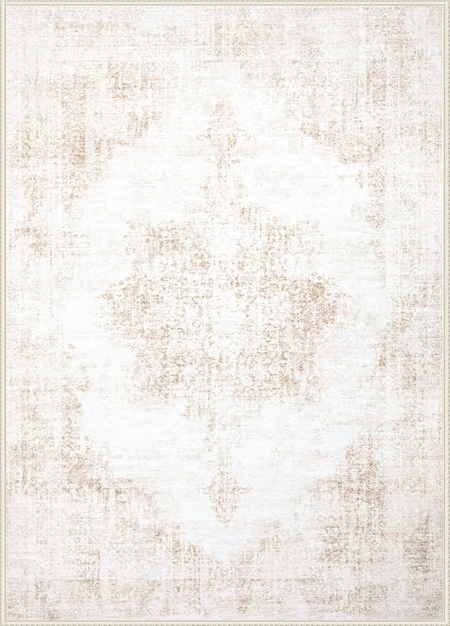Area Rug 5x7 Vintage Rug: Washable Living Room Rugs Retro Medallion Distressed Large Rugs Soft Low Pile Non-Slip Indoor Floor Carpet for Bedroom Kitchen Nursery Dining Table Office (Beige, 5'x7')