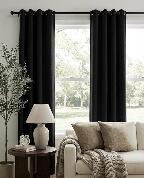 100% Blackout Shield Linen Blackout Curtains for Bedroom, Black Grommet Curtains for Living Room, Thermal Insulated Room Darkening Drapes for Nursery, Boho Home Decor, 50" W x 90" L, 2 Panels