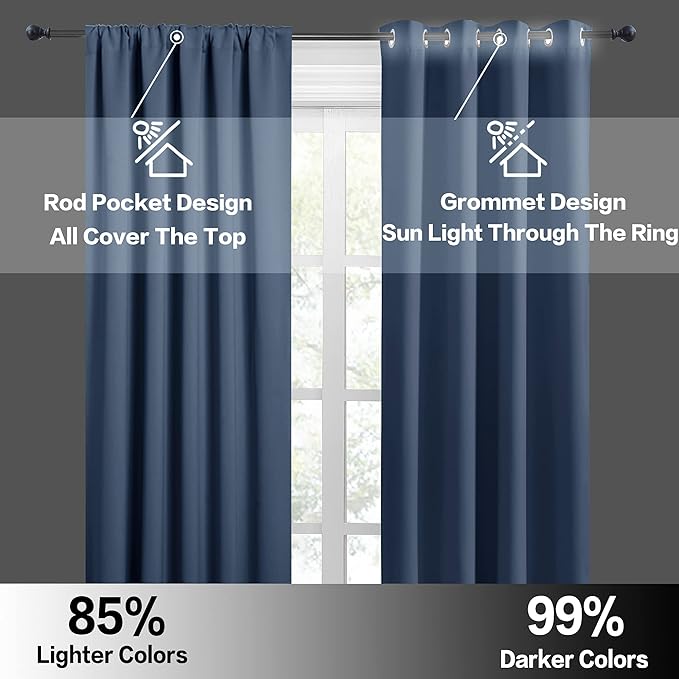 RYB HOME Extra Wide Blackout Curtains for Bedroom Living Room 63 inches Long, Thermal Insulated Privacy Drapes for Nursery Home Theater Dining Room, Width 62 by Length 63, Stone Blue, 2 Panels