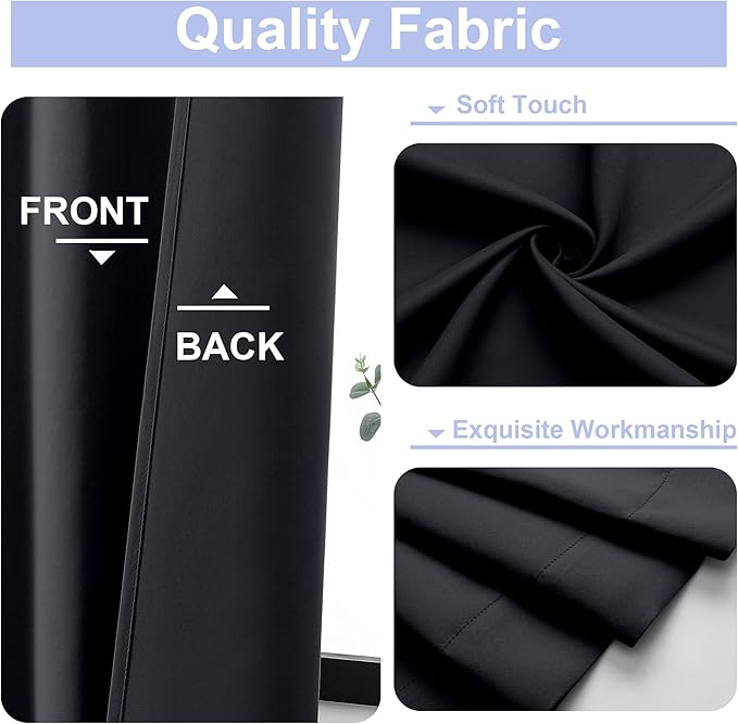 Simplebrand Ava Black Short 24 Inches Blackout Curtain 2 Panels Set, Half Window Rod Pocket Privacy Curtain Tiers for Kitchen, Curtains Blackout for Bathroom Shades, W30 x L24 Inch, Black
