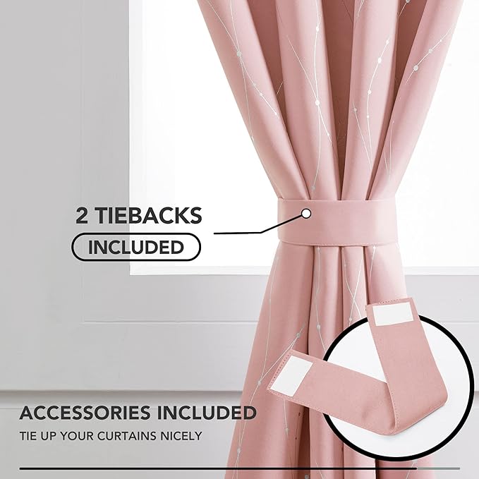 Deconovo Pink Blackout Curtains for Bedroom, Thermal Insulated Soundproof Pravicy Curtain, Silver Wave Dots Print, 52 x 84 Inch Long, Machine Washable Window Panels for Kids Room Nursery, Set of 2