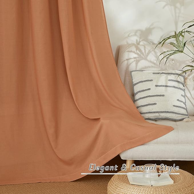 NICETOWN Thick Linen Burnt Orange Curtains 63 inches Long, Grommet Linen Weave Semi Sheer Window Treatment Privacy Added with Light Filtering Drapes for Bedroom, 2 Panels, W55 x L63