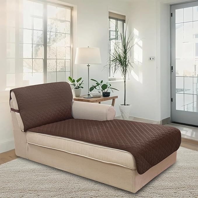 U-NICE HOME Sectional Couch Cover for Dogs Pets Chaise Lounge Reversible Sofa Cover Furniture Protector with Elastic Adjustable Strap, Coffee/Beige