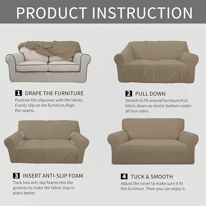 Easy-Going Stretch Oversized Sofa Slipcover 1-Piece Sofa Cover Furniture Protector Couch Soft with Elastic Bottom for Kids, Polyester Spandex Jacquard Fabric Small Checks Natural