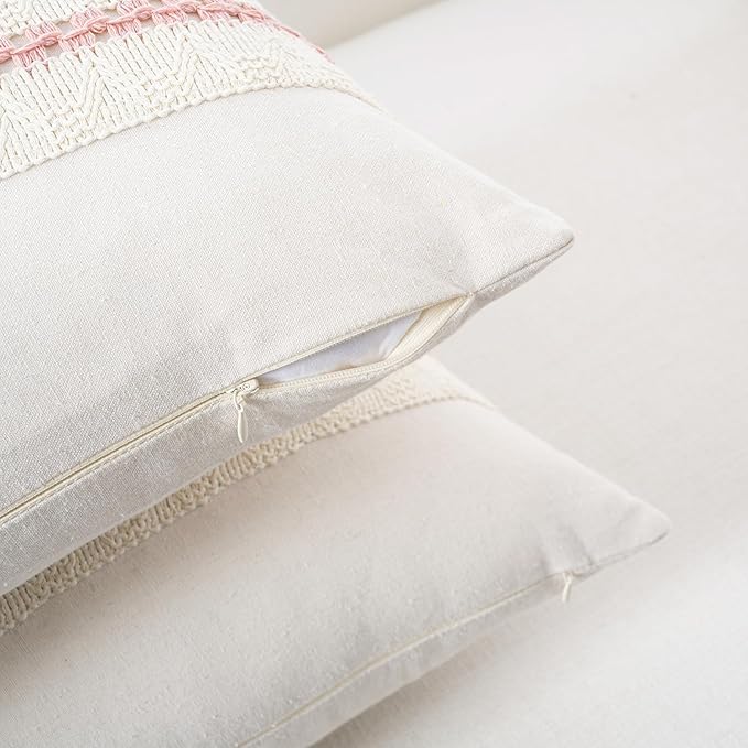 Fancy Homi Set of 1 Boho Pink Decorative Throw Pillow Cover 20x20 Inch for Couch Bed Sofa, Aesthetic Modern Organic Farmhouse Home Decor, Soft Cotton Cute Accent Macrame Woven Cushion Case