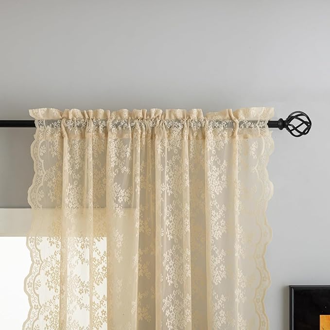 YJ YANJUN Vintage Lace Curtains 108 Inches Long-Victorian Floral Beige Sheer Curtains for Living Room Bedroom Light Filtering Drapes Farmhouse Boho 70s Home Decor 2 Panels W52 X L90 Light Beige