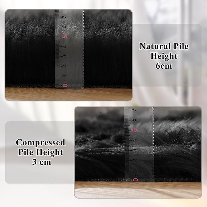 ORINOVA Black Fluffy Faux Sheepskin Washable Fur Area Rugs for Bedroom Living Room Small Shag 2x4 Furry Nursery Rug