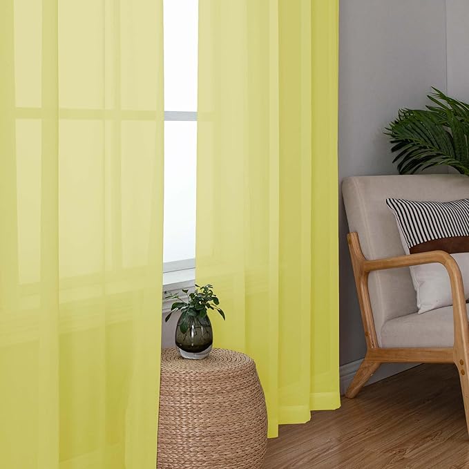 OWENIE Sheer Lemon Curtains for Bedroom Living Room 78 Inches Long 2 Panels Set, Soft Solid Light Filtering Sheer Curtain Rod Pocket Clear Drapes for Window Sliding Door, Lemon, Each 42 x 78 Inch