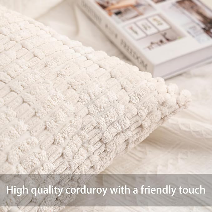 Pack of 2 Corduroy Decorative Throw Pillow Covers 12x24 Inch Soft Striped Pillow Covers Modern Farmhouse Home Decor for Sofa Living Room Couch Bed（Cream White）