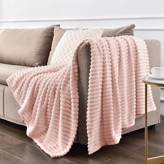 BEDELITE Fleece Throw Blanket for Couch – 3D Ribbed Jacquard Soft and Warm Decorative Fuzzy Blanket – Cozy, Fluffy, Plush Lightweight Light Pink Throw Blankets for Bed, Sofa, 50x60 inches