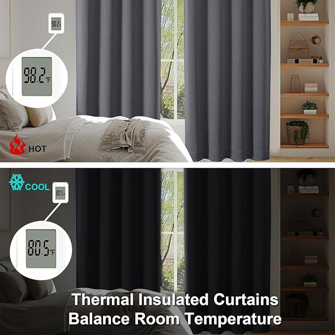 Simplebrand Ava Grey Blackout Curtains for Bedroom 63 Inch Length 2 Panels Set, Solid Thermal Insulated Privacy Living Room Window Treatment Curtains Blackout Drapes, W50 x L63 Inch