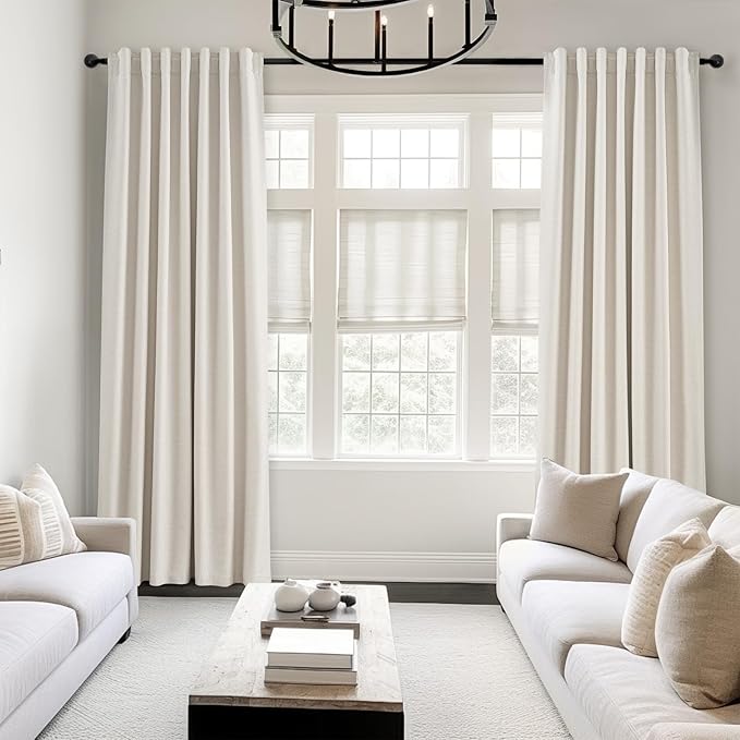 Topfinel Extra Long Total Blackout Linen Curtains 108 Inches Long for Living Room Large Window with Hooks, Room Darkening Textured Cold Block Rustic Acoustic Heavy Ivory Track Curtains 2 Panels 9 FT
