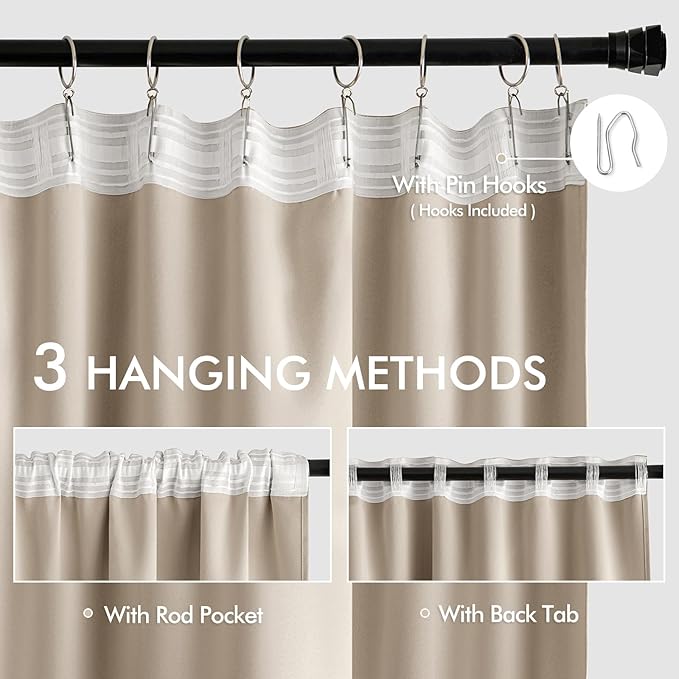 MIULEE Taupe Back Tab Blackout Curtain 96 Inch Long 2 Panels Set for Bedroom, Rod Pocket/Pinch Pleat Thermal Insulated Living Room Darkening Pleated Light Blocking Floor to Ceiling Drape