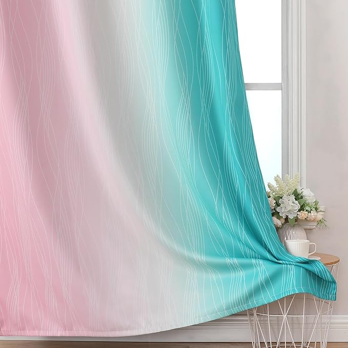 Estelar Textiler Pink and Teal Gradient Blackout Curtains for Bedroom, Thermal Insulated Ombre Drapes 84 Inches Long, Full Room Darkening Energy Saving Curtains for Living Room, 52Wx84L, 2 Panels