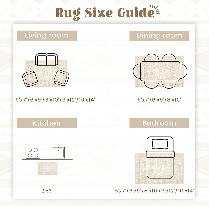 Living Room Rugs 8x10: Washable Moroccan Geometric Boho Rug Farmhouse Non Slip Stain Resistant Large Rug Low Pile Soft Carpet for Bedroom Dining Room Children Room (Beige,8'x10')