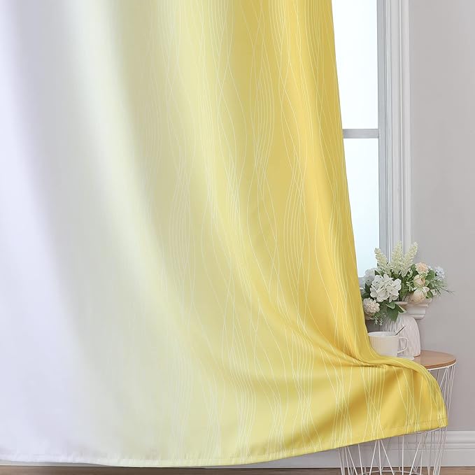 Estelar Textiler Ombre Yellow and Greyish White Blackout Curtains 96 Inches Long for Sliding Door, Gradient Thermal Insulated Full Light Blocking Grommet Blackout Drapes for Bedroom, 52Wx96L, 2 Panels