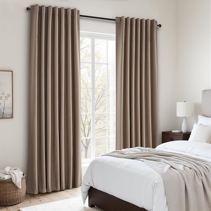 Topfinel 95 inch Bedroom Curtains 2 Panels 100% Blackout Linen Texture Curtain Taupe Vintage Farmhouse Window Drapes with Back Tab Rod Pocket Light Blocking Thermal Insulated Curtains 95 inches Long