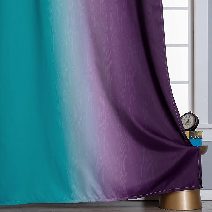 Estelar Textiler Ombre Teal and Purple Blackout Curtains 72 Inch Length 2 panels, Grommet Thermal Insulated Gradient Drapes for Kids Room, Full Light Blocking Blackout Curtains for Bedroom, 52x72 Inch