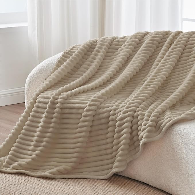 BEDELITE Twin Blanket for Couch & Bed, 300GSM Soft & Warm Fleece Blanket, Decorative and Giftable Striped Linen Blankets for Women, Men, 60"x80"