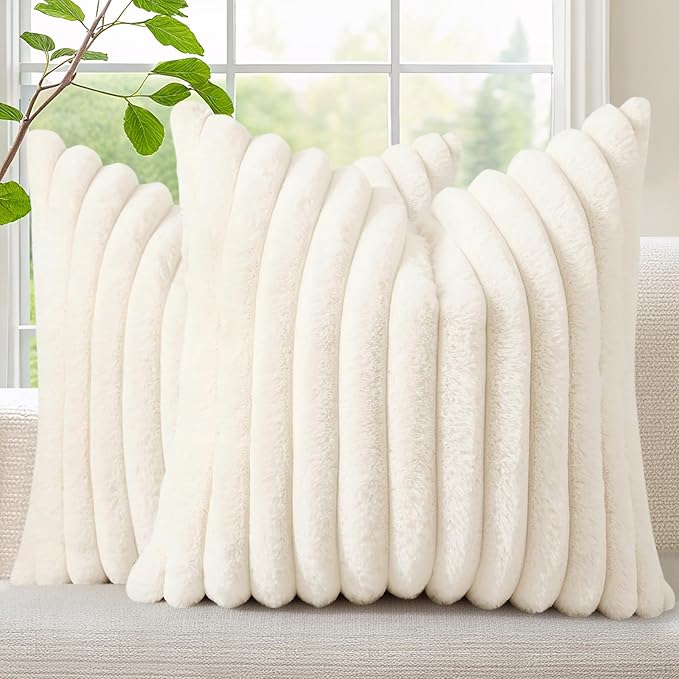 decorUhome Summer Cozy Faux Fur Throw Pillow Covers 24x24 Set of 2 Decorative Plush Striped Modern Farmhouse Boho Couch Euro Sham Pillow Cases with Velvet Back for Sofa Bed Living Room, Cream White