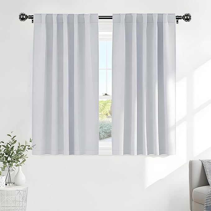 PONY DANCE 60% Light Filtering White Curtain Panels, Kitchen Curtains Room Darkening Energy Saving Short Drapes with Back Tab for Bedroom Home Decor, 42 in Wide by 45 Long, Greyish White, 2 Pieces