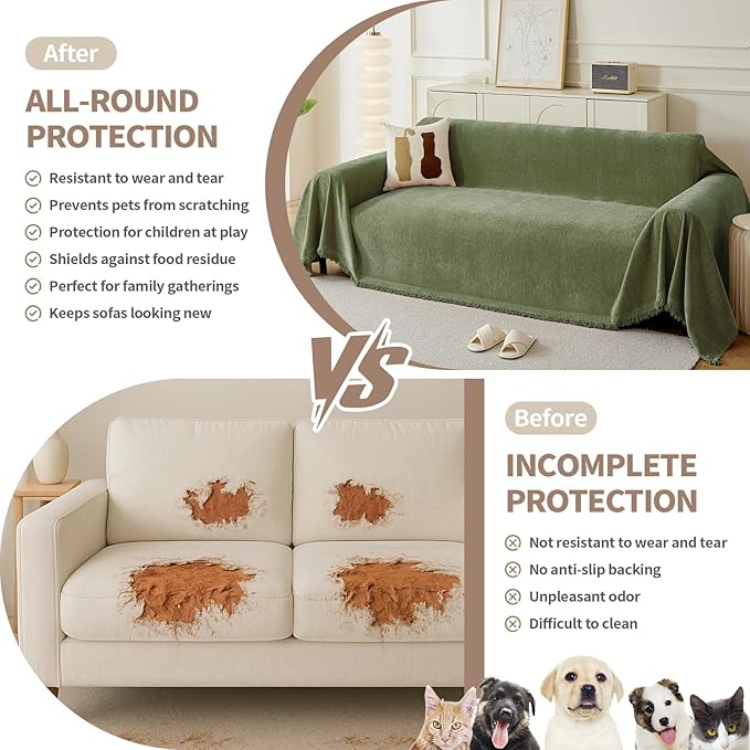 Couch Cover for Dogs, Boho Sofa Covers for 3 Cushion Couch, Chenille Sofa Slipcover for Pets Washable, L-Shape Sectional Couch Loveseat Cover Soft Throw Blankets with Tassels(91x134,Green)